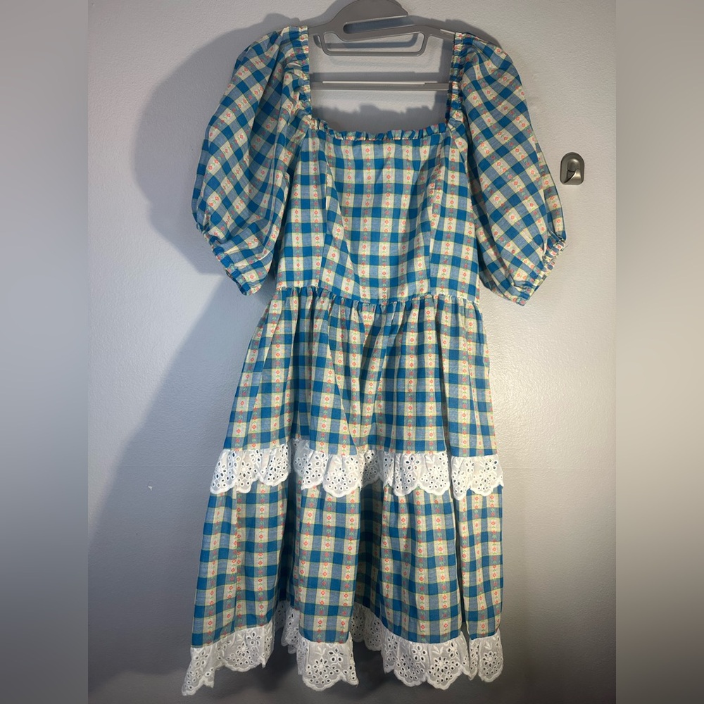 Blue and White Gingham Dress with Lace Trim medium nwt - Picture 6 of 6